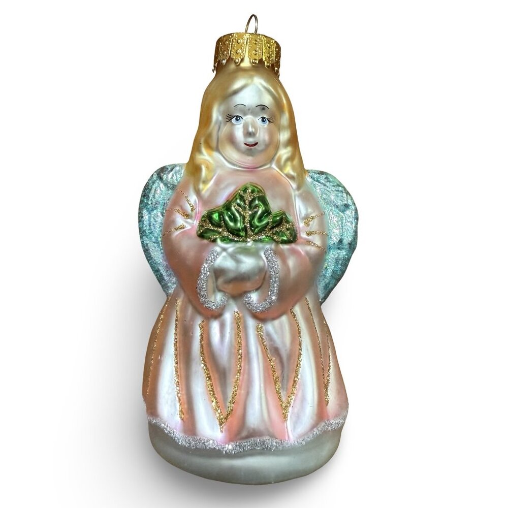 Vintage UT Angel‎ Christmas Ornament Y2K Glass Pink Robe Glitter Hand Painted